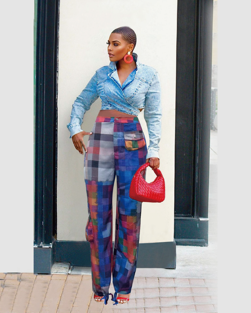 Edgy Plaid Patchwork Pants Blue