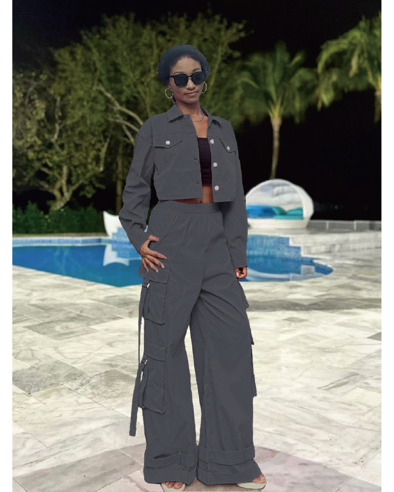 Azelie Cargo Pant Set Grey