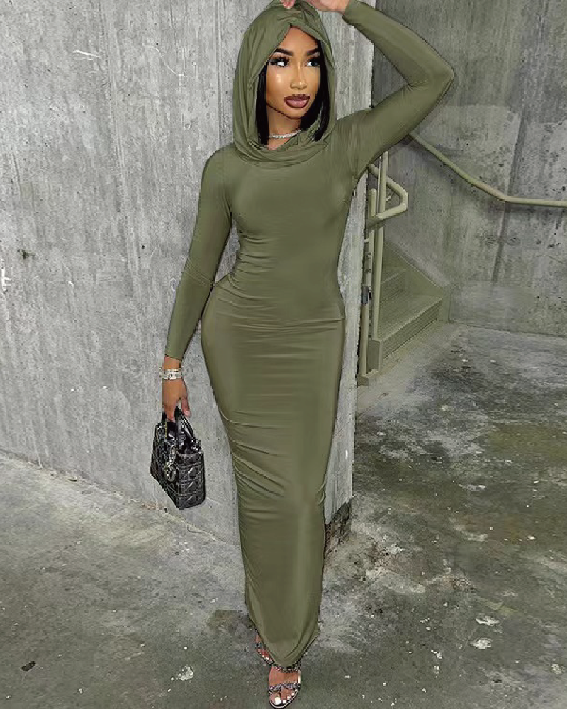 Keep It Hood Long Sleeve Maxi Dress Olive