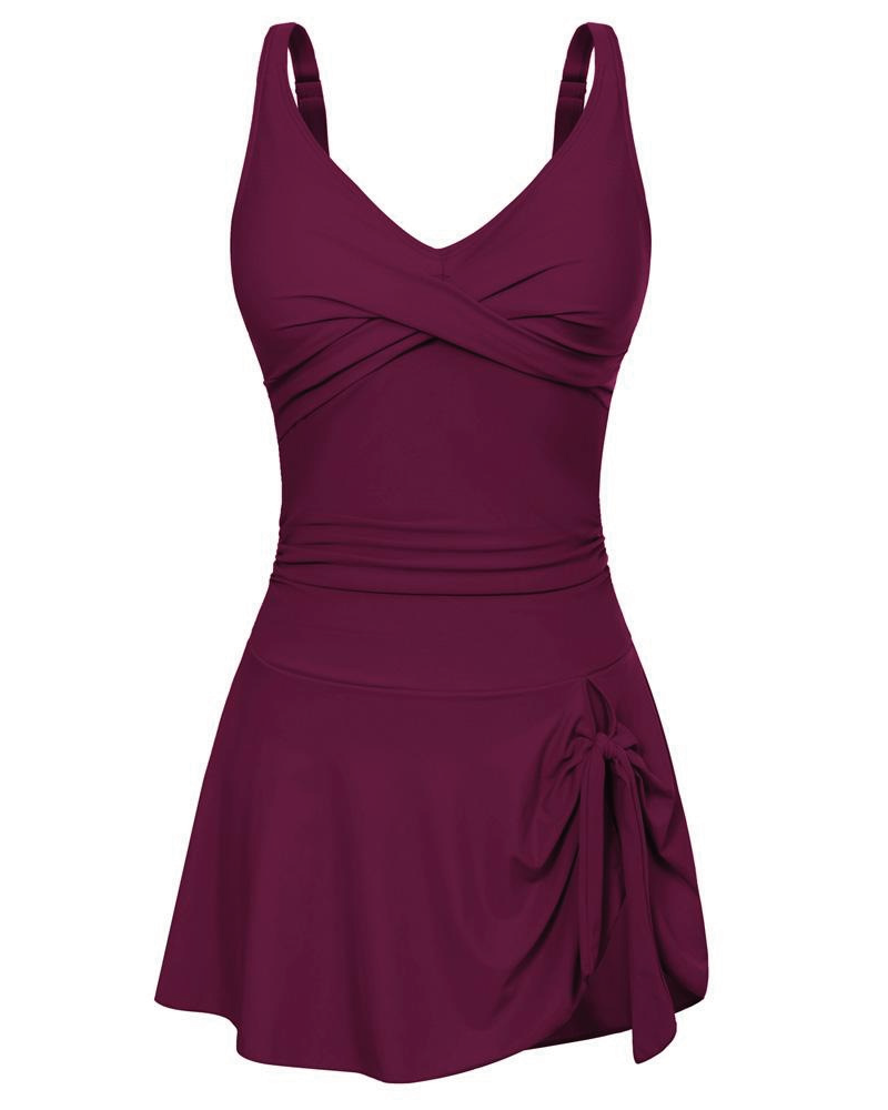 Deep V Knot Detail Skirted Swimsuit Burgundy