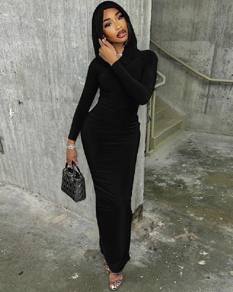 Keep It Hood Long Sleeve Maxi Dress Black