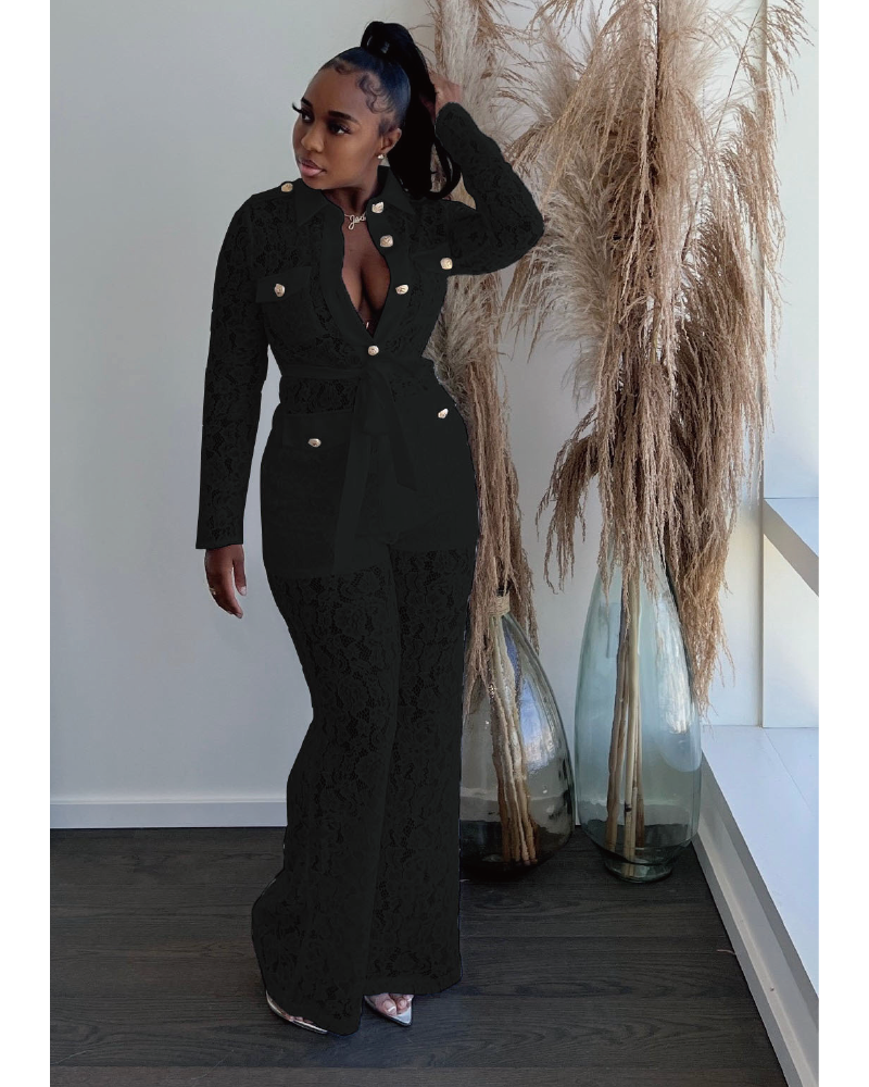 Charlyne Lace Pant Set Black