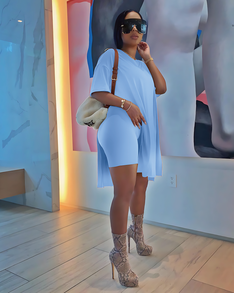 Classy n Chill Biker Shorts Set Sky Blue