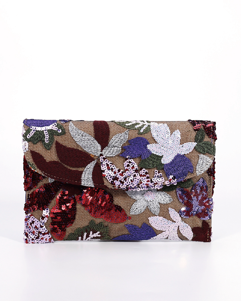 Floral Embroidery Sequin Clutch Burgundy