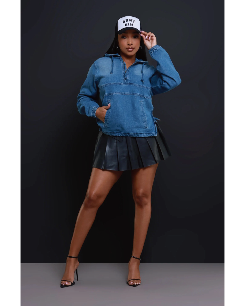 Always Gone Oversized Denim Hoodie Dark Denim Blue