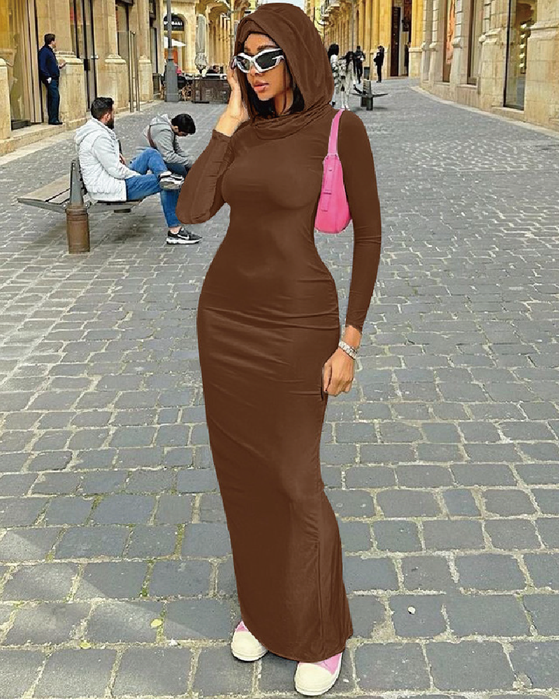 Keep It Hood Long Sleeve Maxi Dress Brown