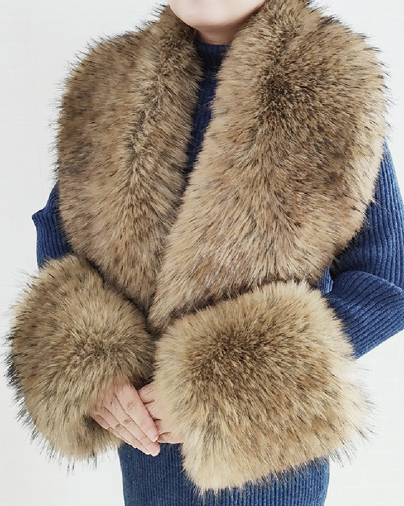 Faux Fur Scarf & Cuff Set Khaki