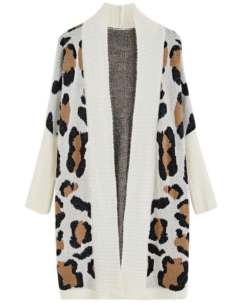 Leopard Pattern Fuzzy Cardigan White