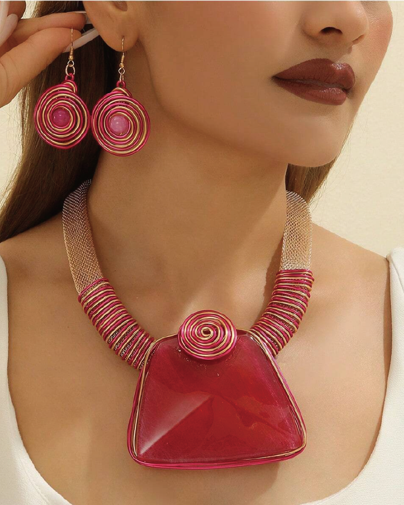Metal Spiral Pointed Abstract Resin Pendant Statement Necklace Set Red
