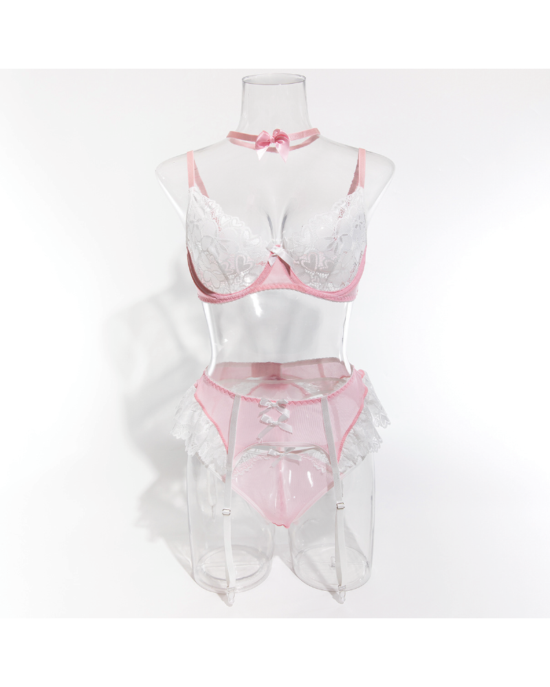 White&Black Lace Strappy Lingerie Bra&Garted Set