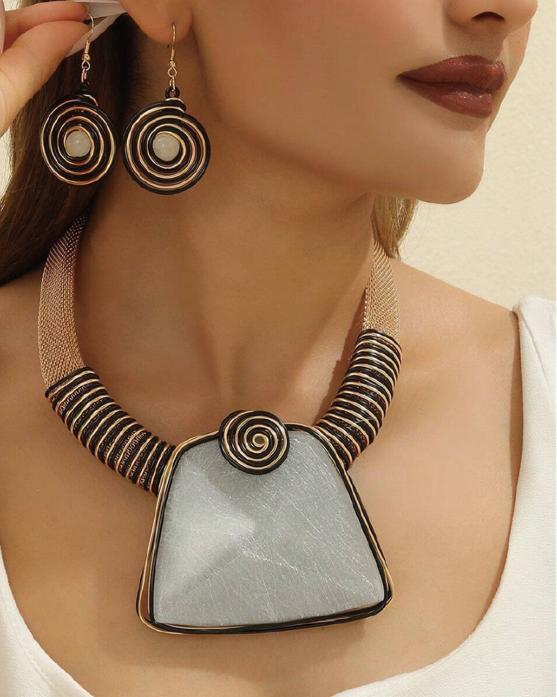 Metal Spiral Pointed Abstract Resin Pendant Statement Necklace Set White