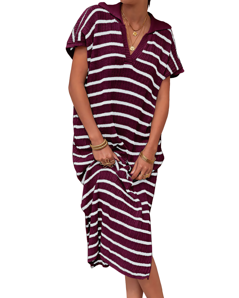 Striped Crochet Dress Wine Red