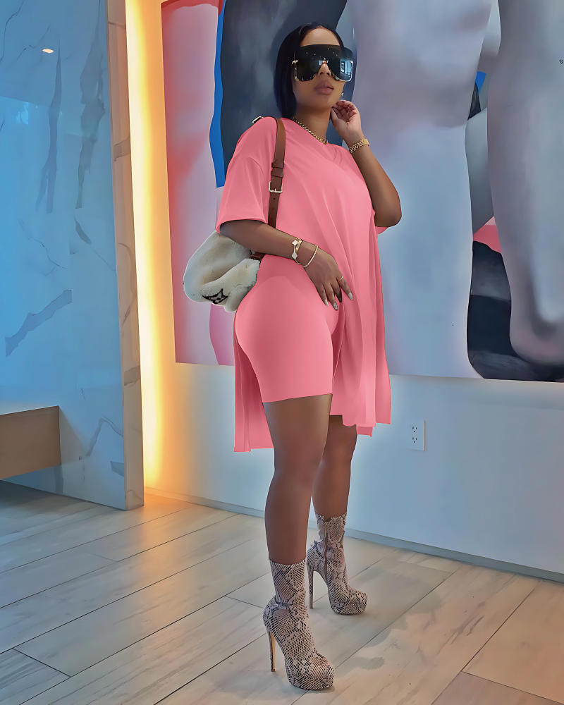 Classy n Chill Biker Shorts Set Rose red