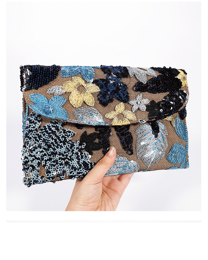 Floral Embroidery Sequin Clutch Navy