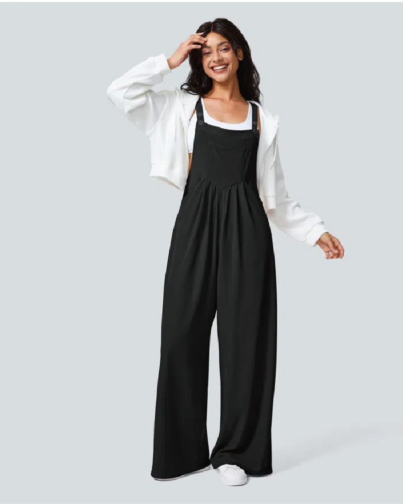 Waffle Casual Overalls with Pockets Black