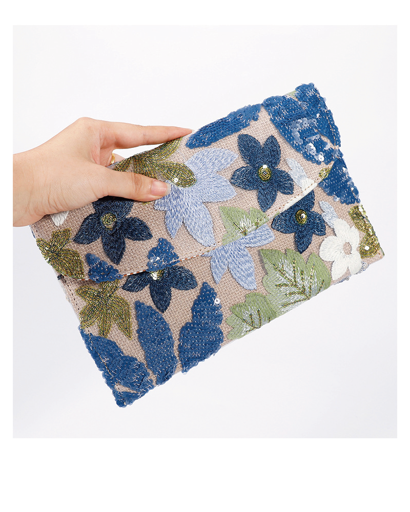 Floral Embroidery Sequin Clutch Blue