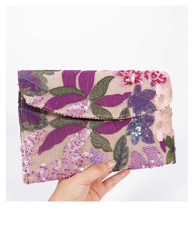 Floral Embroidery Sequin Clutch Purple