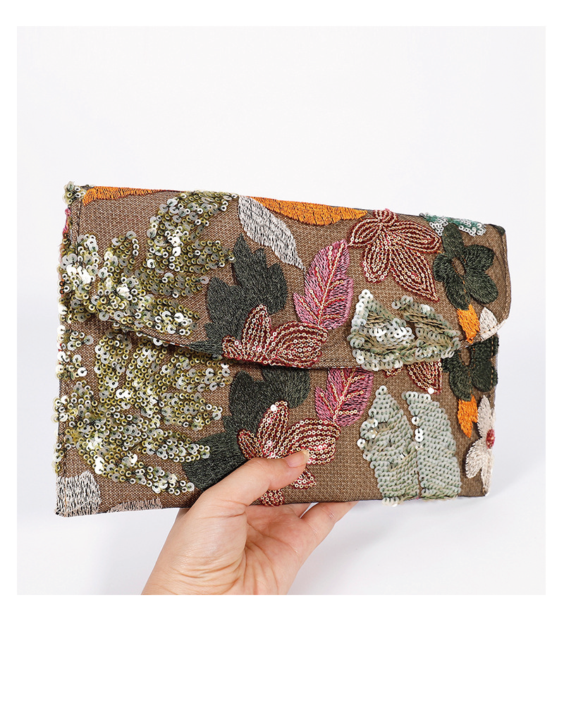Floral Embroidery Sequin Clutch Green