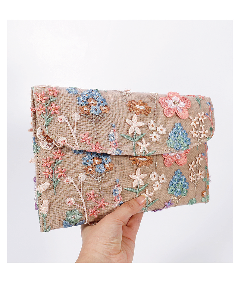 Floral Embroidery Sequin Clutch Beige
