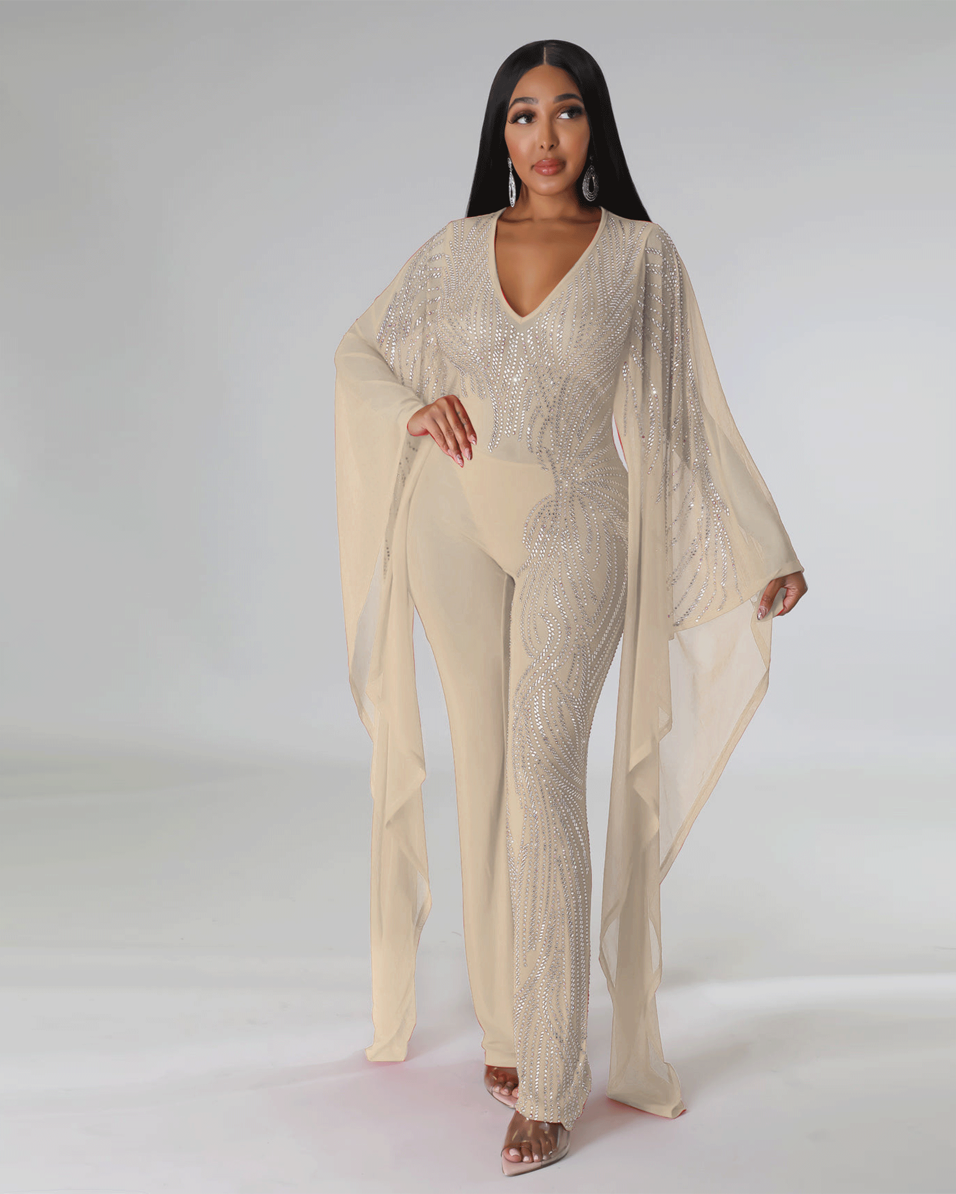 Dance With Me Bedazzled Jumpsuit Apricot