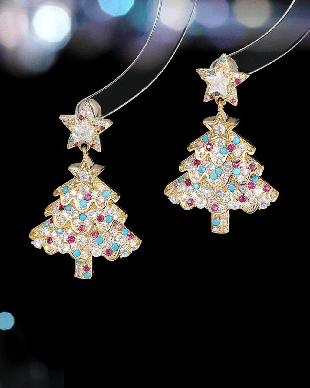 Pink Glitter Christmas tree earrings Golden