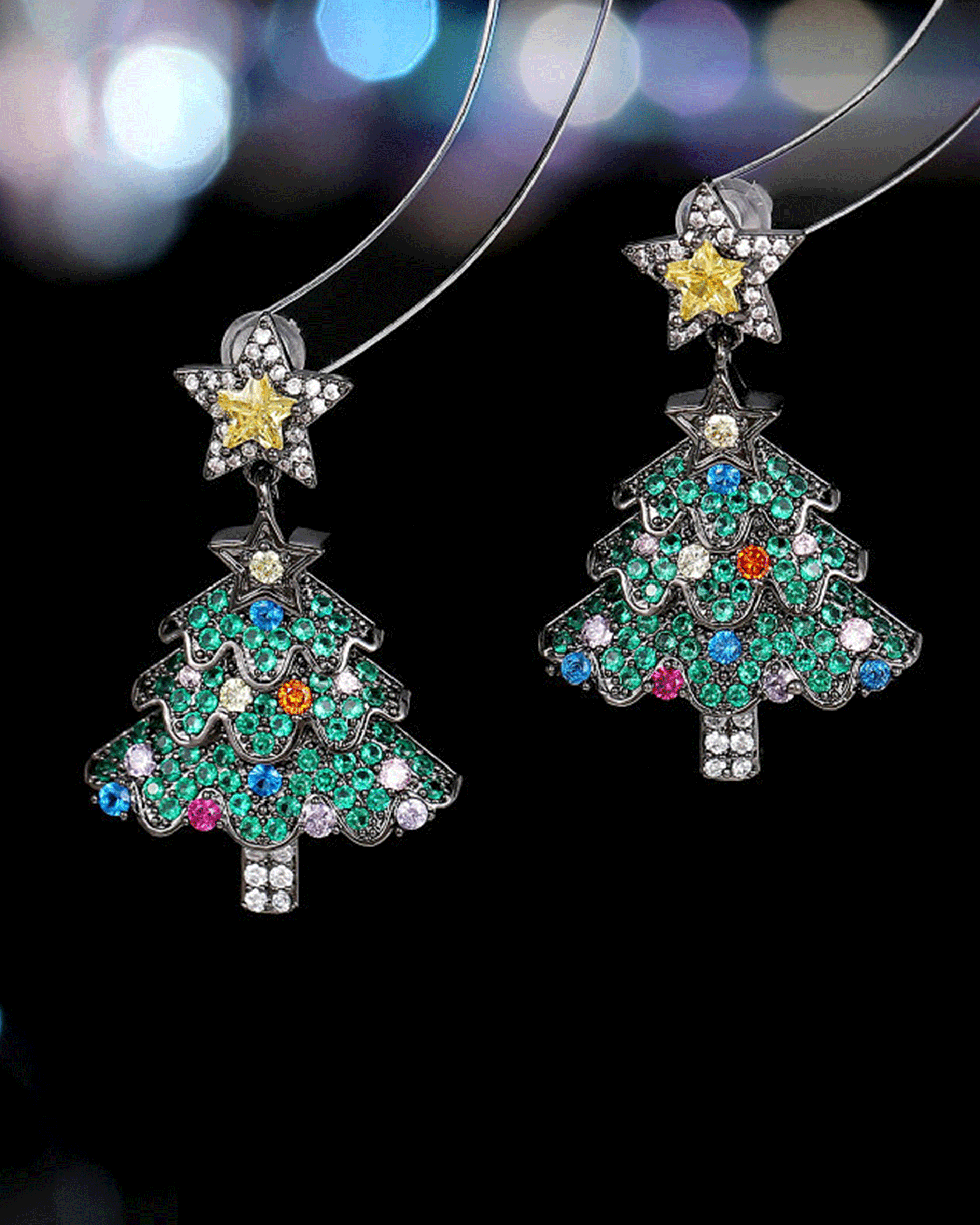 Pink Glitter Christmas tree earrings Black