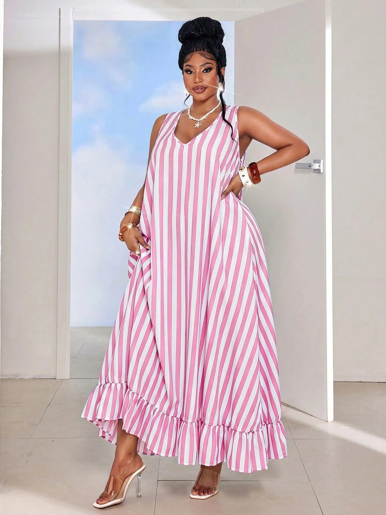 Striped Ruffle Edge Sleeveless Maxi Dress for Summer Beach Holidays
