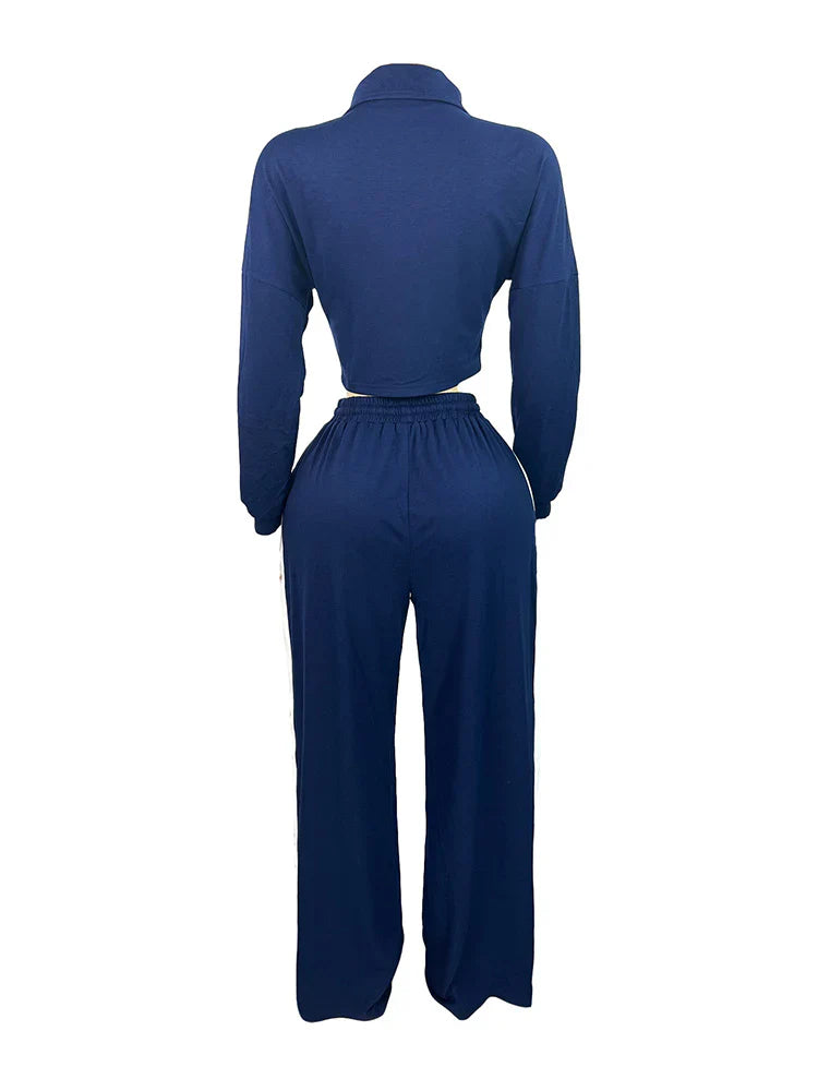 Contrast Zip-Front Jacket & Wide Pants Set