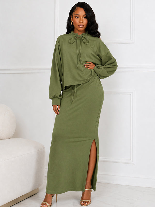 Solid Tied Neck Top & Slit Skirt Set