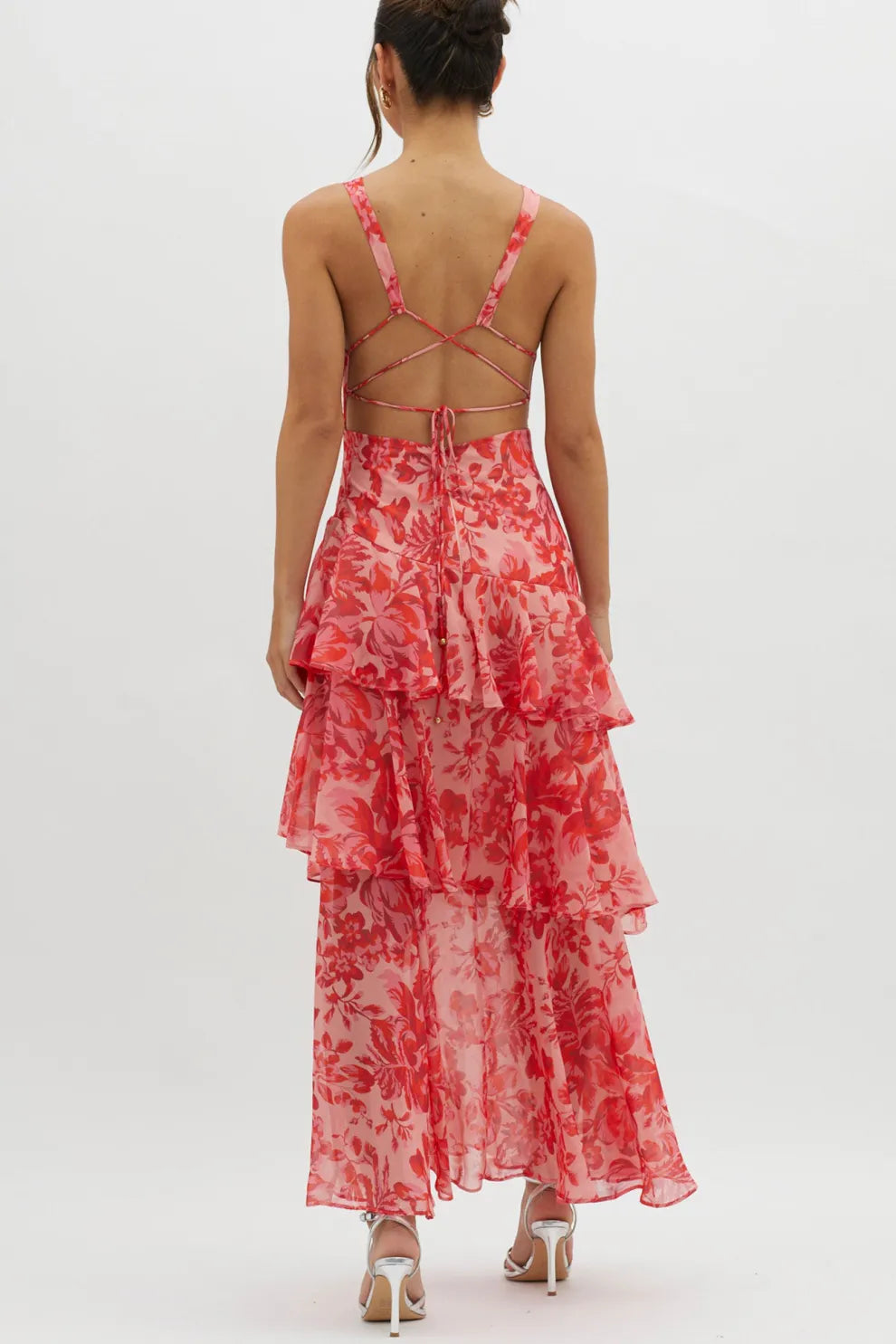 Floral Print Tie up Back Chiffon Tiered Dress