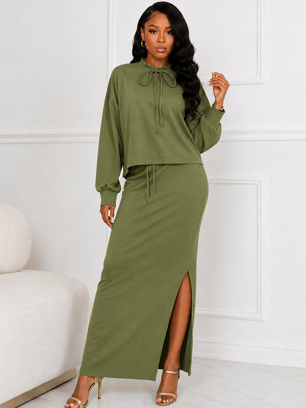 Solid Tied Neck Top & Slit Skirt Set