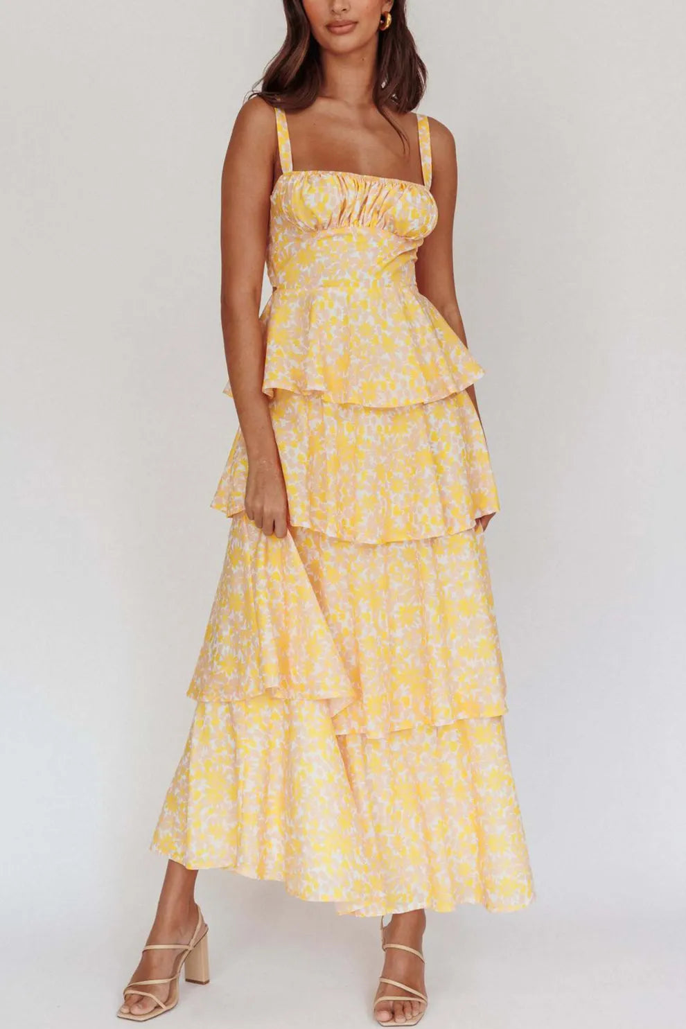 Floral Print Tie up Tiered Midi Dress