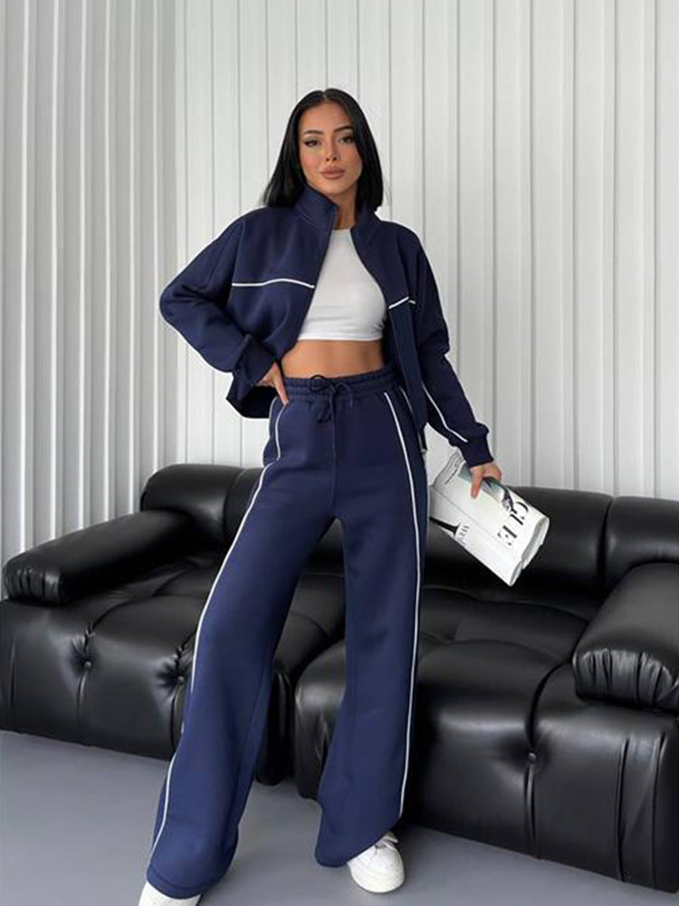 Fashion Turtleneck Cardigan Striped Sweatshirt Set