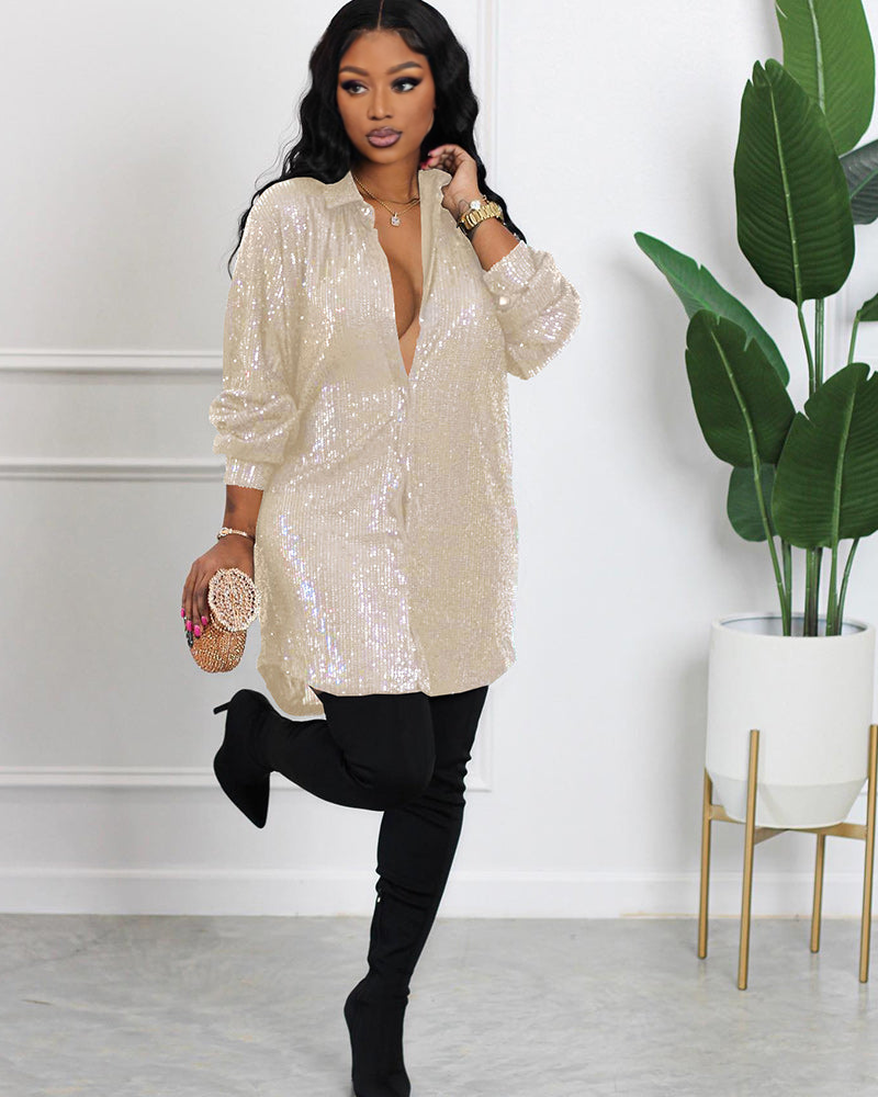 Night Queen Sequin Shirt Dress Apricot