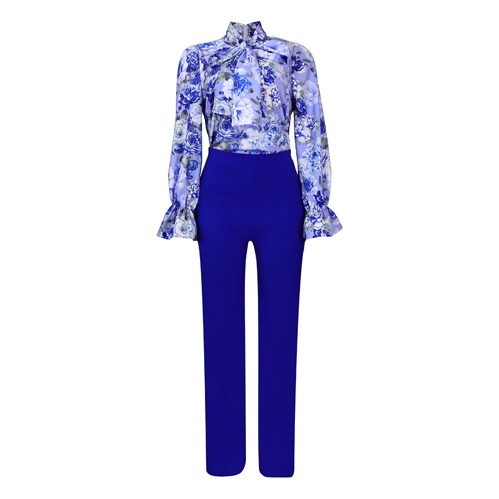 Casual Printed Long Sleeve Shirt Wide Leg Pants Sets