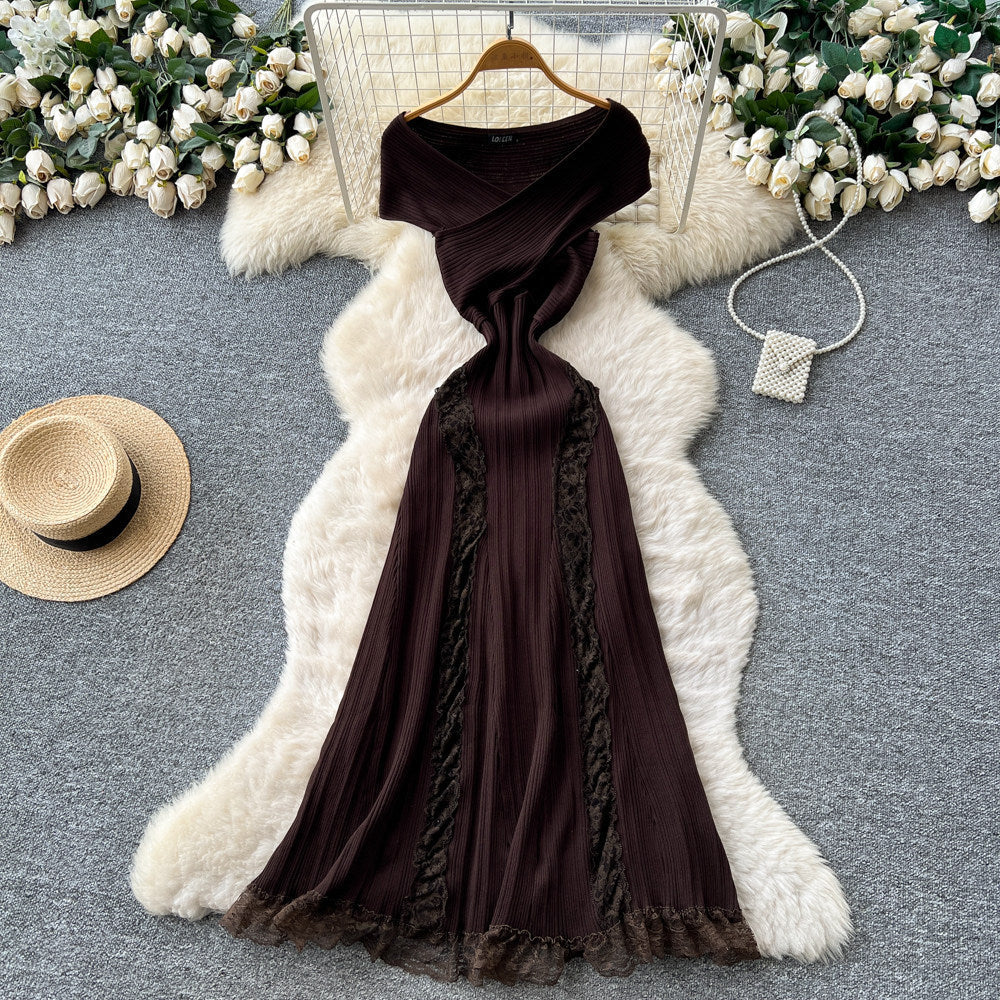 Knitted Lace Patchwork Off-Shoulder Sleeveless Maxi Dress for Summer