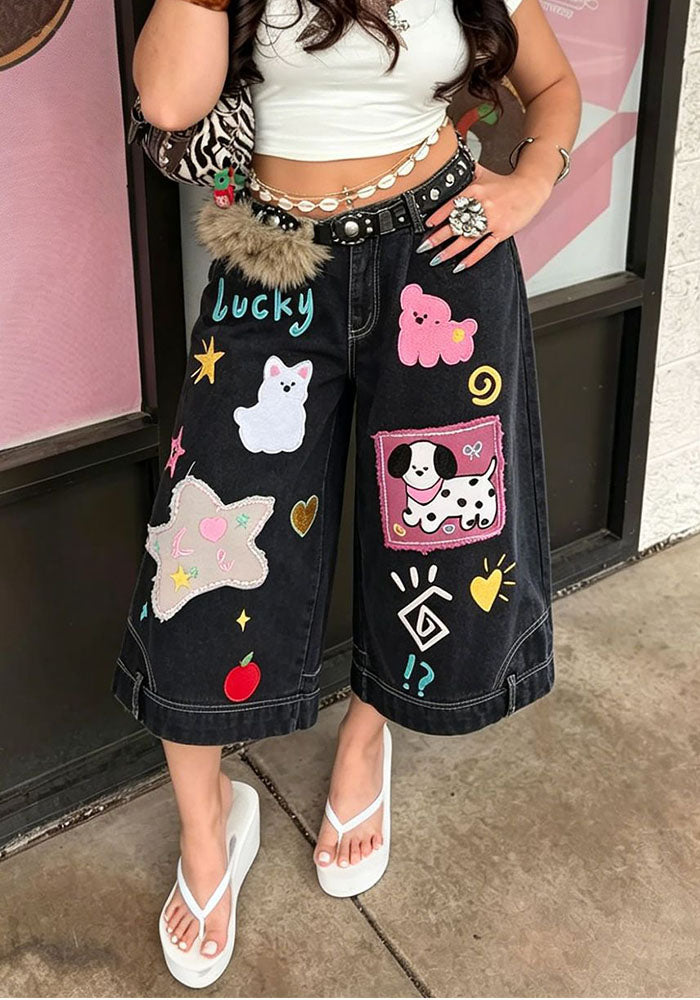 Puppy Cartoon Embroidered Capri Denim Pants for Casual Streetwear