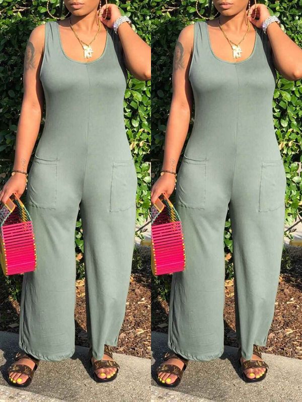 Einfarbiger, ärmelloser Jumpsuit mit weitem Bein – Ausverkauf