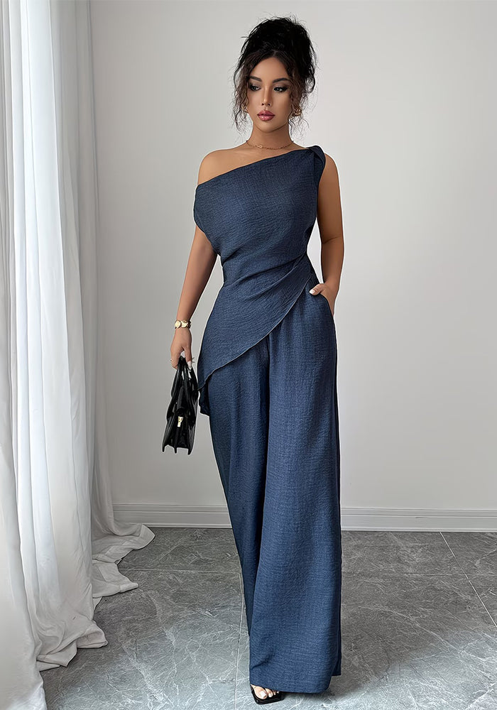 Slash Shoulder Top & Pocket Zip-Up Pants Two-Piece Set for Career Wear
