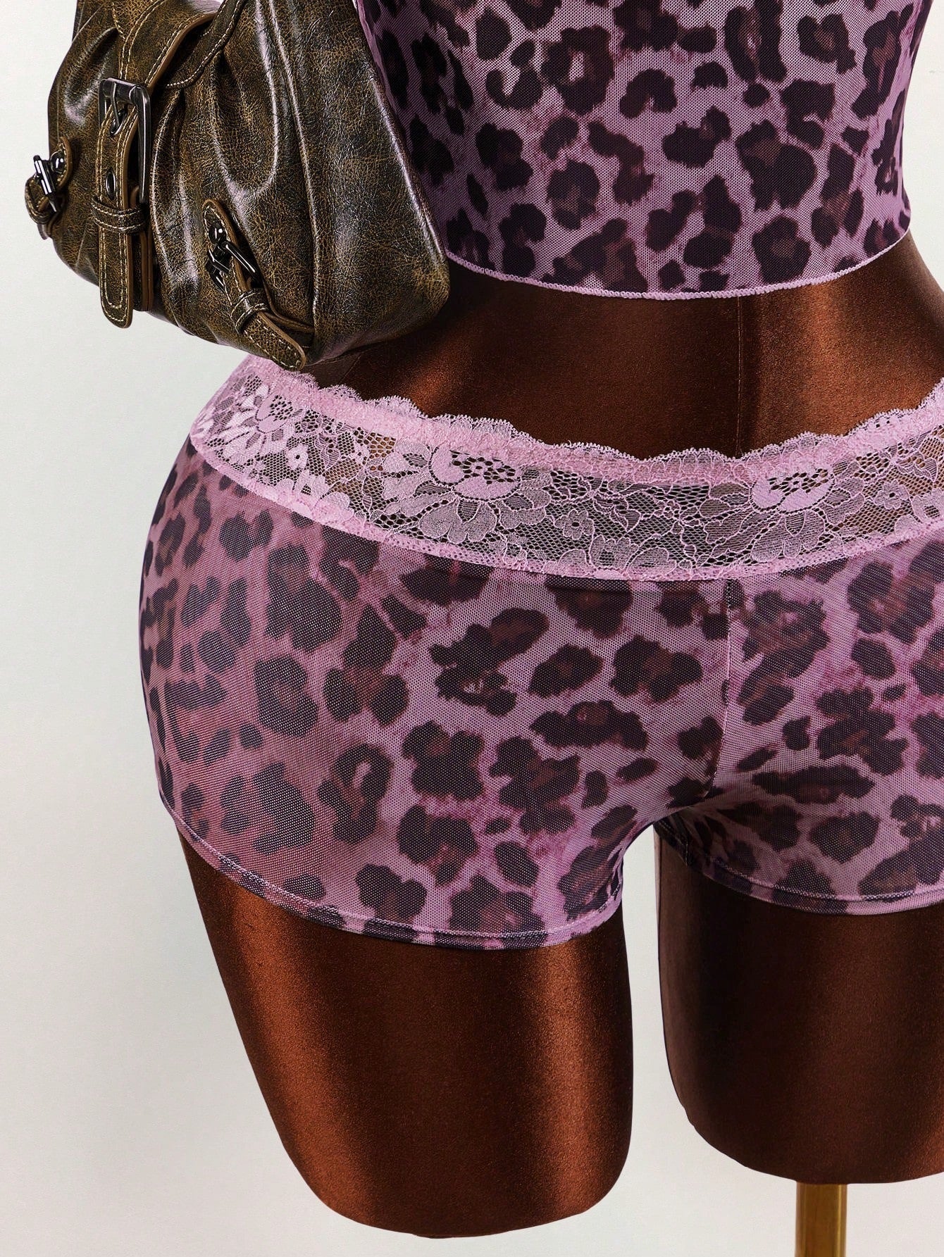Leopard Print Lace Patchwork Camisole & Shorts Set for Sleepwear