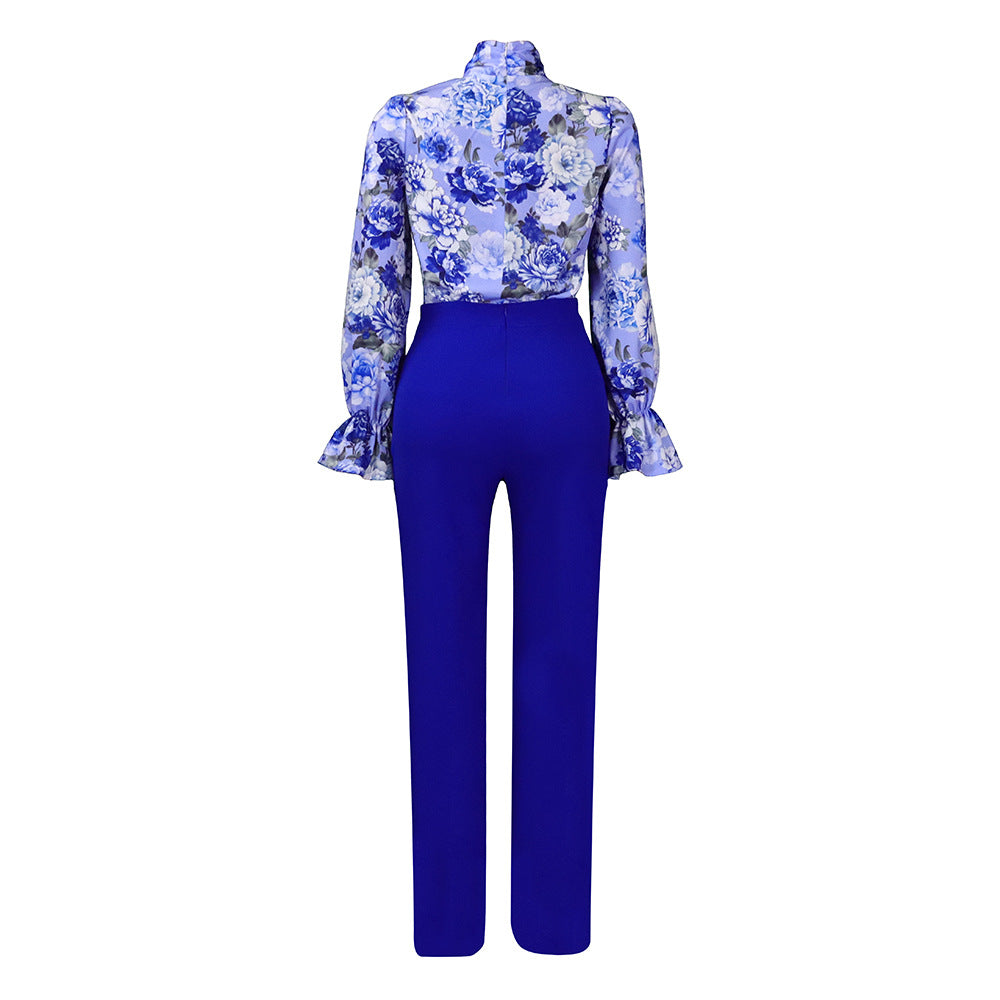 Casual Printed Long Sleeve Shirt Wide Leg Pants Sets
