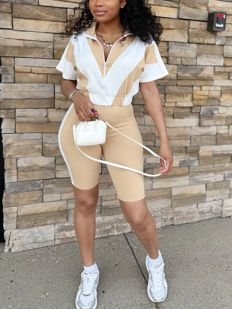 Sporty Contrast Jacket & Biker Shorts Set