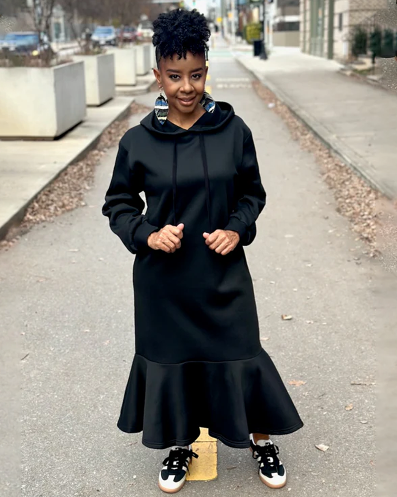 Ethereal Ruffle Sweatshirt Hoodie Dress Black