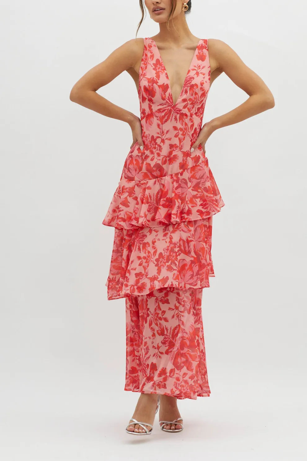 Floral Print Tie up Back Chiffon Tiered Dress