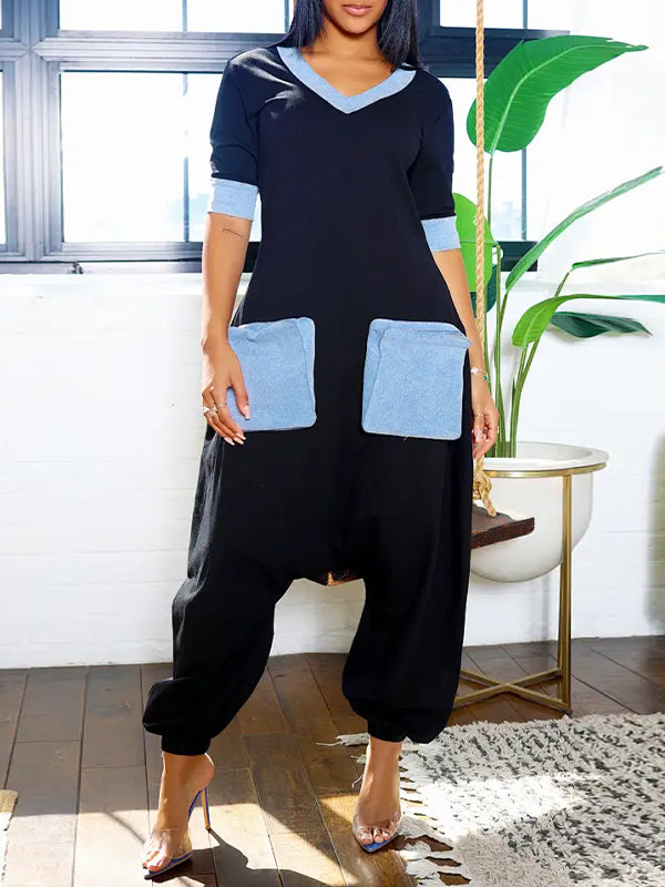 Indiebeautie Denim-Combo V-Neck Jumpsuit