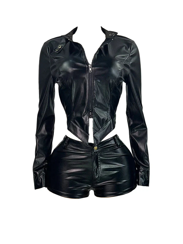 Leather Crop Jacket & Shorts Set