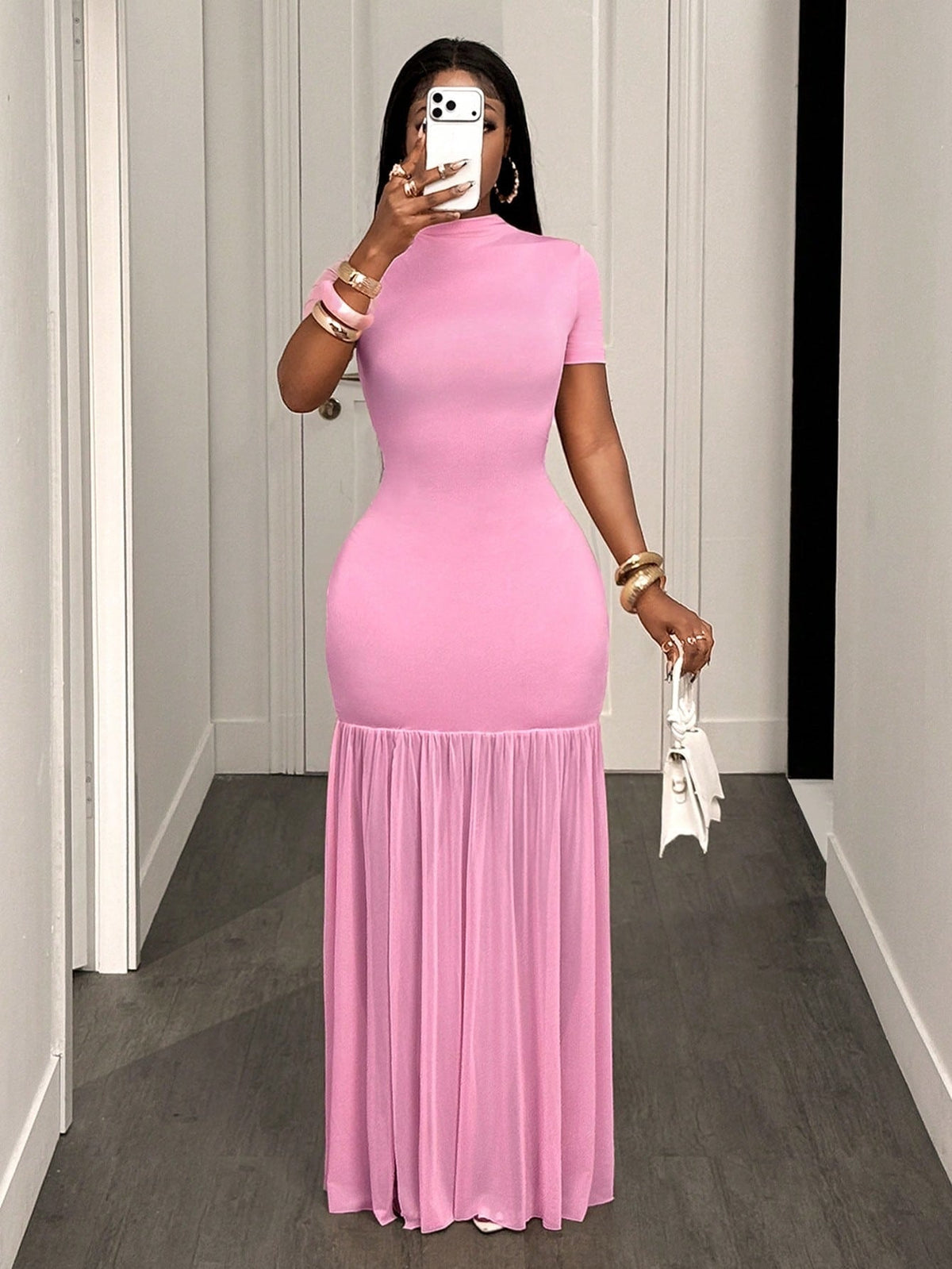 Mock Neck Short Sleeve Tassel Slit Long Dress for Parties