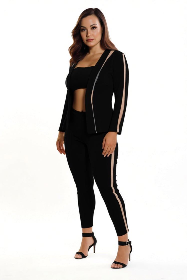 Mesh Patchwork See-Through Blazer & Pants Two-Piece Set