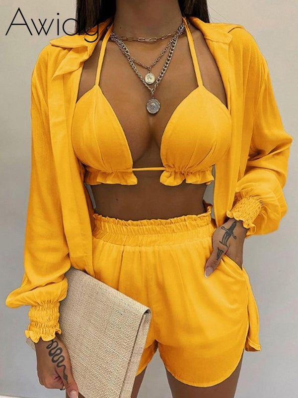 Solid Shirt Three-Piece Set Yellow