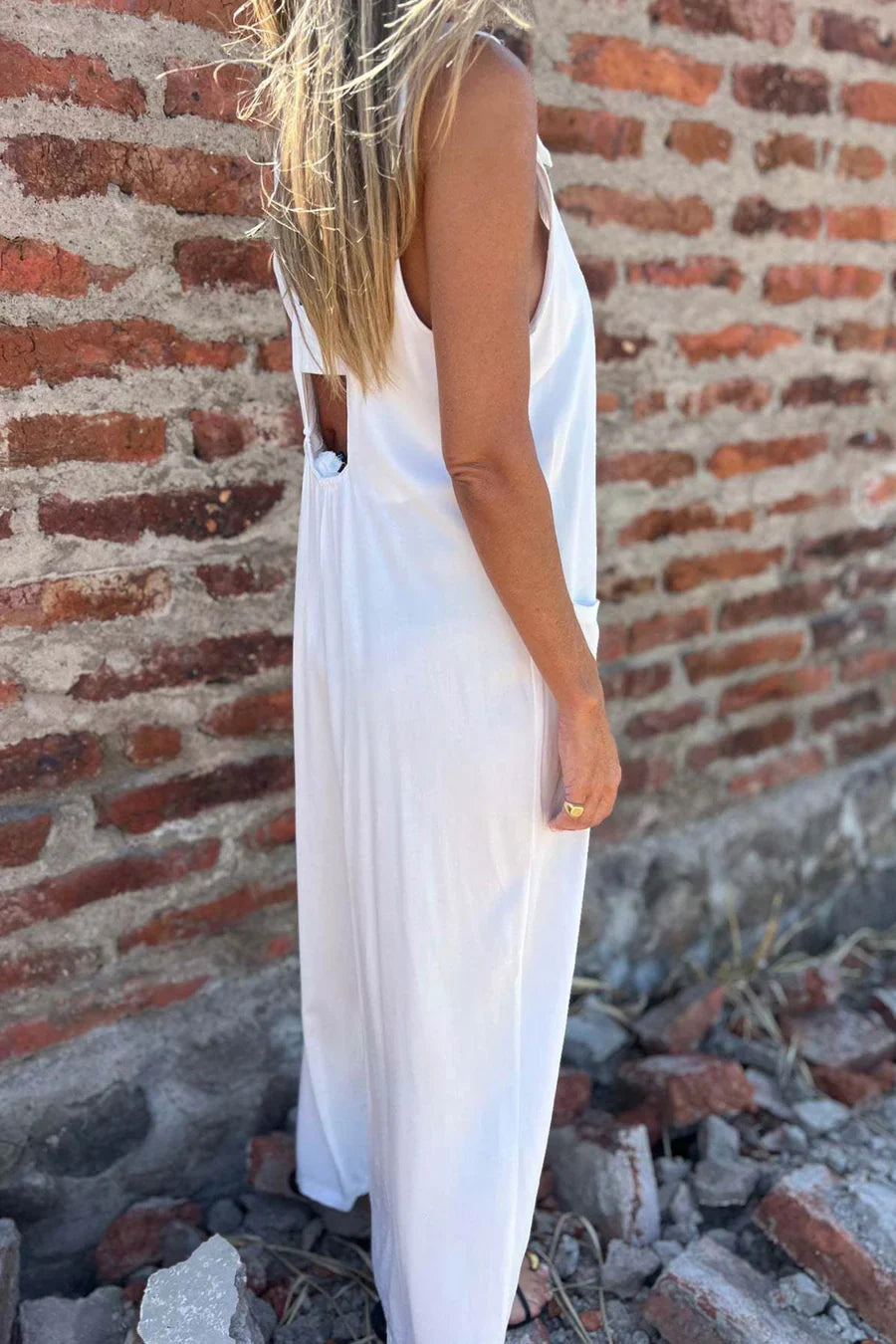 Button Closure Backless Loose Jumpsuit
